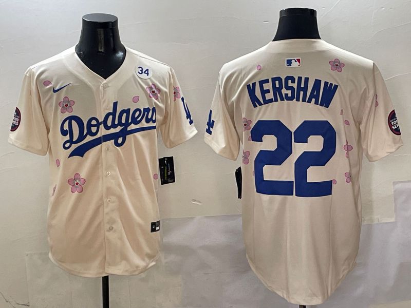 Men Los Angeles Dodgers 22 Kershaw Cream White Blue Sakura Edition 2025 Nike MLB Jersey style 6